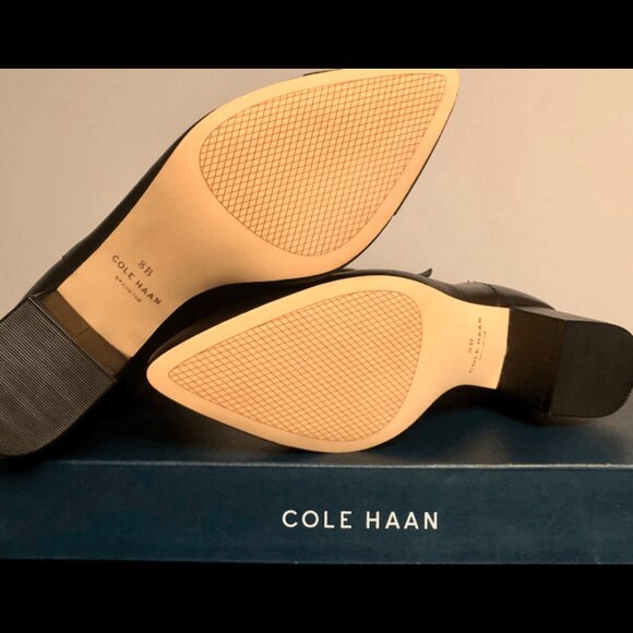 Cole Haan Elena Tall Boots 8B – Black Leather, Block Heel, Pointed Toe, Stretch - Picture 3 of 7